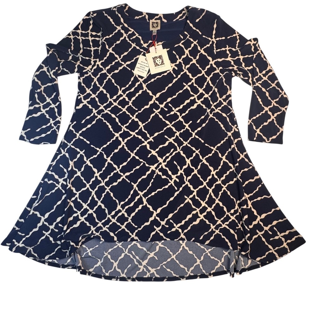 Anne Klein Womens Blue Parchment Lattice Print High Low Tunic Top Small Navy NWT